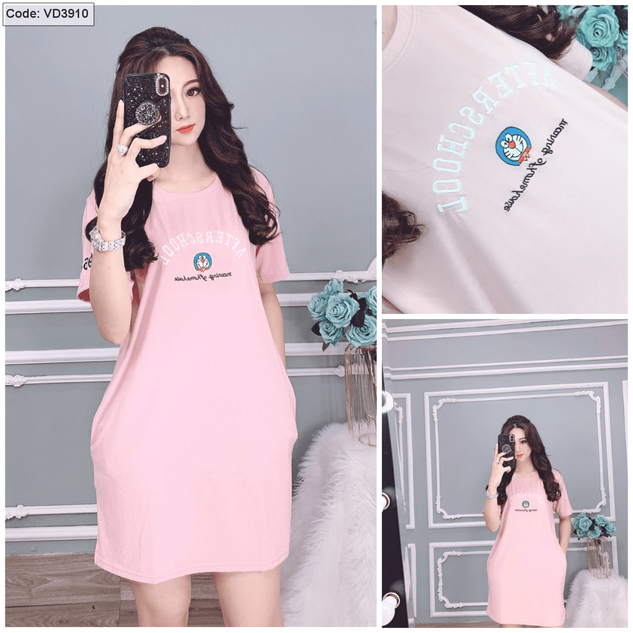 Đầm thun suông cổ tròn có túi xẻ tà