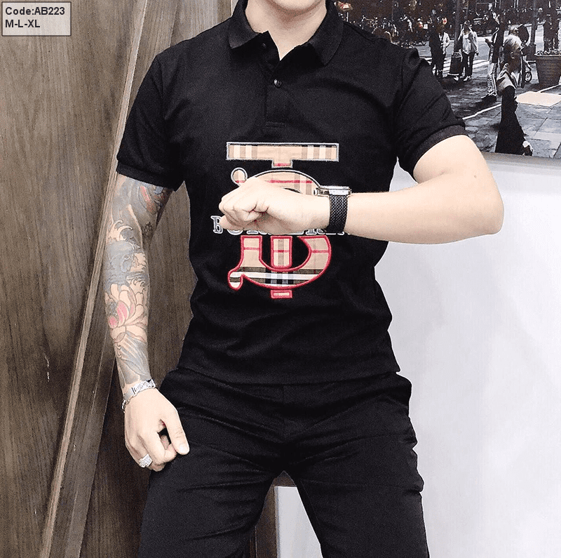 Áo thun nam cổ bẻ thêu chữ cao cấp