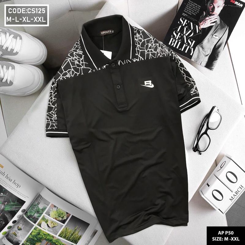 Áo thun nam cổ bẻ phôi họa tiết