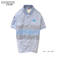 Áo thun nam cổ bẻ thêu chữ phối sọc - CS140