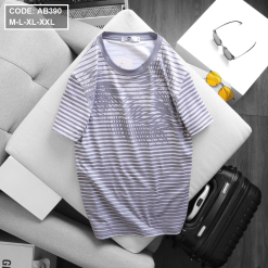 Áo Thun Nam Sọc Cổ Tròn In Họa Tiết Lá Dừa - AB390