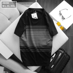 Áo Thun Nam Cổ Tròn 2 Màu In Sọc Ngang Ngực (Có Size 3XL) - AB392