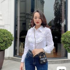 Áo sơ mi trắng nữ tay dài phối bèo - SG423