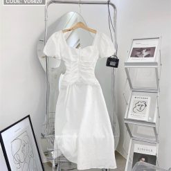 Đầm midi hoa trắng tay phồng - VD5620