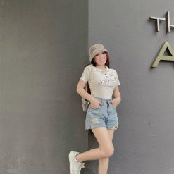 Áo Len sọc nữ cổ bẻ thêu hình chú chó QC - AG204