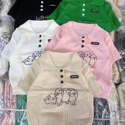 Áo Len sọc nữ cổ bẻ thêu hình chú chó QC - AG204