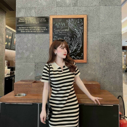 Đầm sọc nữ vải len cổ bẻ 3 màu - VD5729