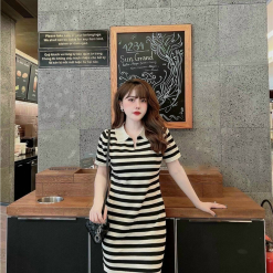 Đầm sọc nữ vải len cổ bẻ 3 màu - VD5729