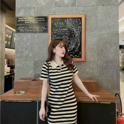 Đầm sọc nữ vải len cổ bẻ 3 màu - VD5729