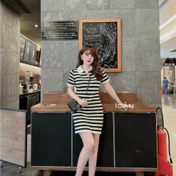 Đầm sọc nữ vải len cổ bẻ 3 màu - VD5729