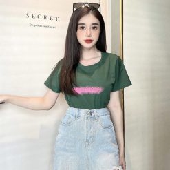 Áo thun thái nữ in chữ hồng form rộng giấu quần - AG1145