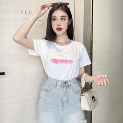 Áo thun thái nữ in chữ hồng form rộng giấu quần - AG1145