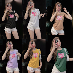 Áo thun thái nữ cổ tròn in hình trái tim form rộng giấu quần - AG1146