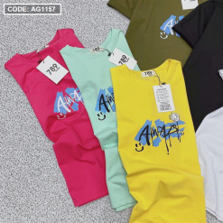 Áo thun thái nữ cổ tròn in chữ màu form áo suông vừa - AG1157