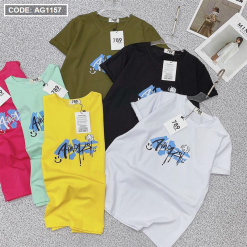 Áo thun thái nữ cổ tròn in chữ màu form áo suông vừa - AG1157
