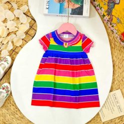 Đầm nữ cho bé gái kiểu xoè in hoạ tiết cầu vòng - BE006