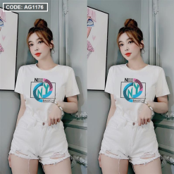 Áo thun thái nữ cồ tròn form suông in chữ màu New York - AG1176