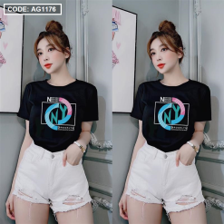 Áo thun thái nữ cồ tròn form suông in chữ màu New York - AG1176