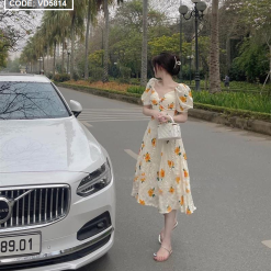 Đầm hoa xốp vàng xoắn ngực - VD5814