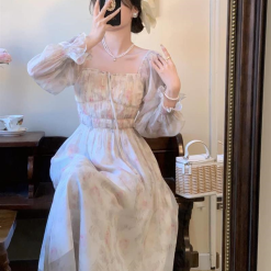 Đầm maxi voan hoa tay dài nhúng eo ngực - VD5815