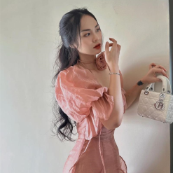 Đầm midi hồng trễ vai viền bèo chocker cổ - VD5816