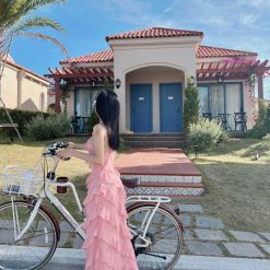 Đầm mixi hồng bèo tầng cổ yếm vải voan tơ - VD5817