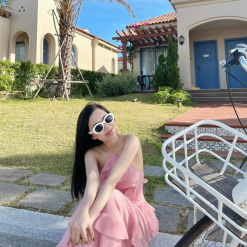 Đầm mixi hồng bèo tầng cổ yếm vải voan tơ - VD5817