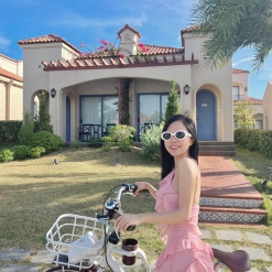 Đầm mixi hồng bèo tầng cổ yếm vải voan tơ - VD5817