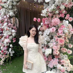 Đầm ren lưới màu kem nhụy đá tay vải tơ - VD5818