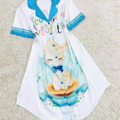 Đầm nữ satin áo cổ bẻ tay ngắn in họa tiết 3D - DBO1392