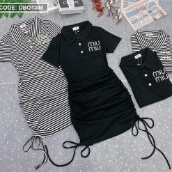 Đầm thun cotton nữ ôm dây rút 2 bên cổ bẻ in chữ miu miu - DBO1398