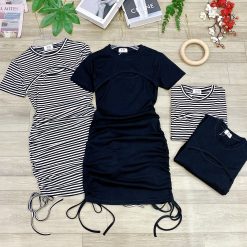 Đầm thun cotton nữ ôm rút dây 2 bên áo cổ tròn - DBO1399