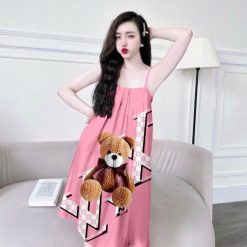 Đầm ngủ suông satin mền mịn 2 dây in hình dễ thương - DBO1404