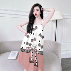 Đầm ngủ suông satin mền mịn 2 dây in hình dễ thương - DBO1404