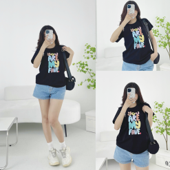 Áo thun thái nữ cổ tròn form suông in chữ nổi - AG1181