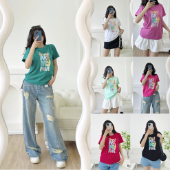 Áo thun thái nữ cổ tròn form suông in chữ nổi - AG1181