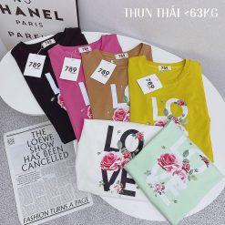 Áo thun thái nữ form suông cổ tròn in chữ LOVE phối hoa - AG1182