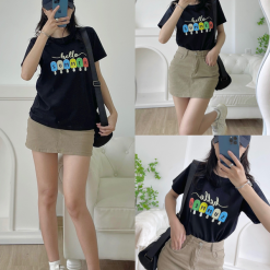 Áo thun thái nữ cổ tròn form suông in hình que kem - AG1190