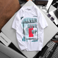 Áo Thun Nam Cổ Tròn Rurumen Màu Trắng Never Give Up Big Size - AB434