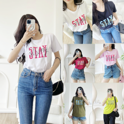 Áo thun thái nữ cổ tròn form suông in chữ Stay - AG1211