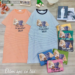Đầm form suông sọc tay ngắn có túi in hình gấu - DBO2526