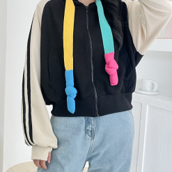 Áo khoác nữ lửng viền sọc phối dây màu cầu vòng bản to - KG294