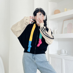 Áo khoác nữ lửng viền sọc phối dây màu cầu vòng bản to - KG294