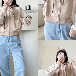 Áo khoác thun nữ dáng lửng có nón viền sọc màu - KG295