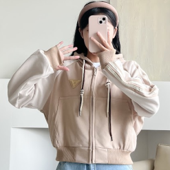 Áo khoác thun nữ dáng lửng có nón viền sọc màu - KG295