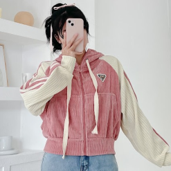 Áo khoác nữ dáng lửng có nón nhung gân viền sọc - KG296