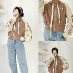 Áo khoác nữ dáng lửng có nón nhung gân viền sọc - KG296