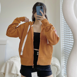 Giá sỉ áo khoác nữ có nón thun gân tay viền sọc màu