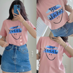 Áo Thun Thái Nữ Cổ Tròn Form suông in chữ Be Happy Nhiều Màu - AG1216