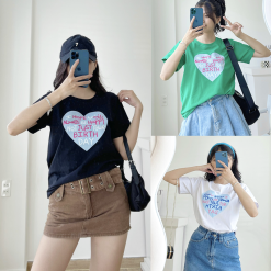 Áo Thun Thái Nữ Cổ Tròn Form suông Trái Tim Chữ Nhiều Màu - AG1221